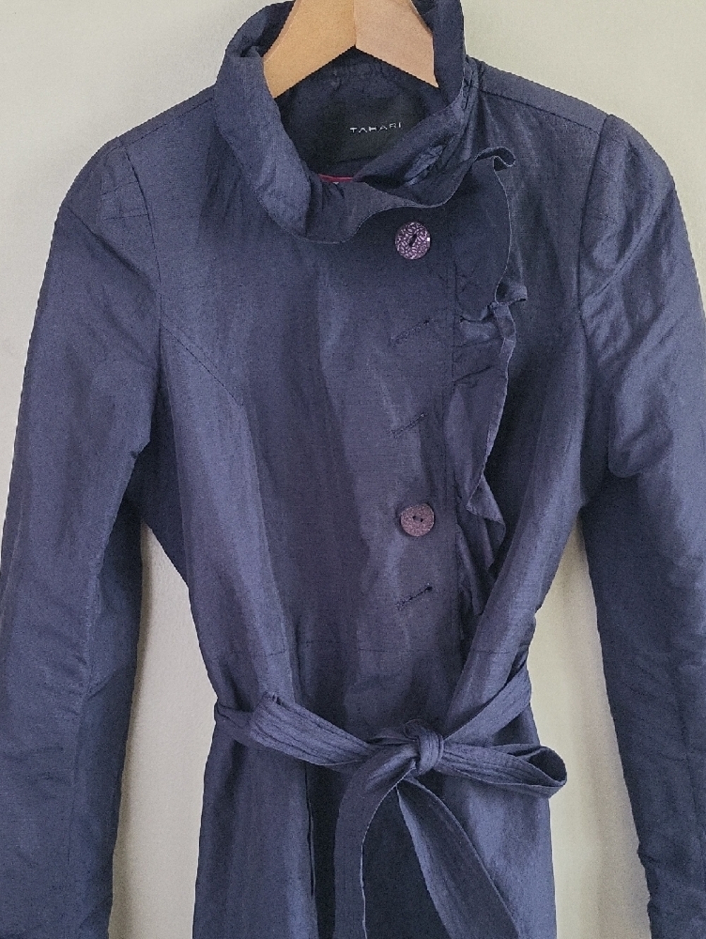 Tahari Navy Ruffle-Front Trench Coat